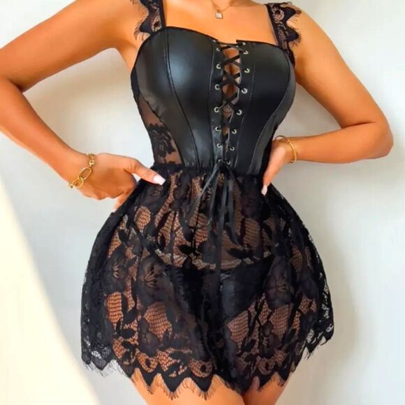 Black Sexy Lace Corset Ribbon Lingerie Set #R - Picture 2 of 6